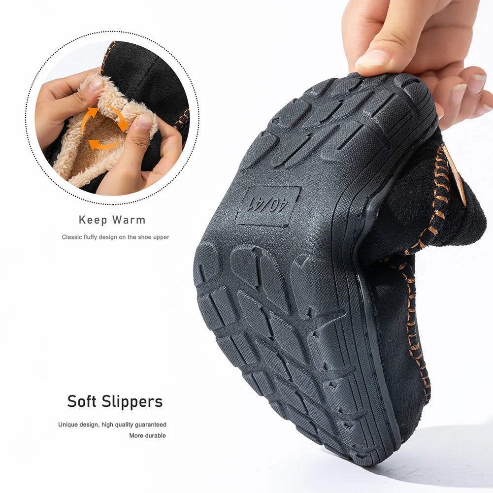 Pmoiste Soft Faux Suede House Slippers Men Comfortable Warm Cushion Designer Mark Line Living Room Shoes Slip-on Winter Indoor