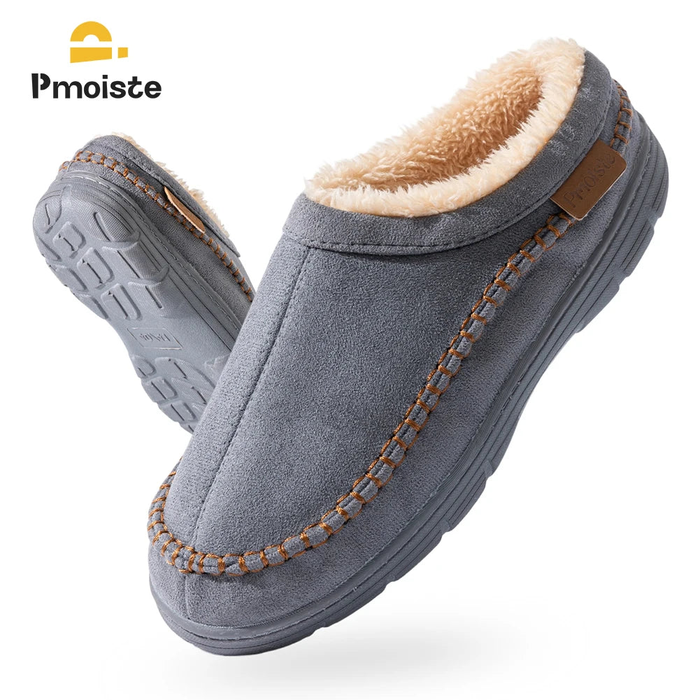 Pmoiste Soft Faux Suede House Slippers Men Comfortable Warm Cushion Designer Mark Line Living Room Shoes Slip-on Winter Indoor