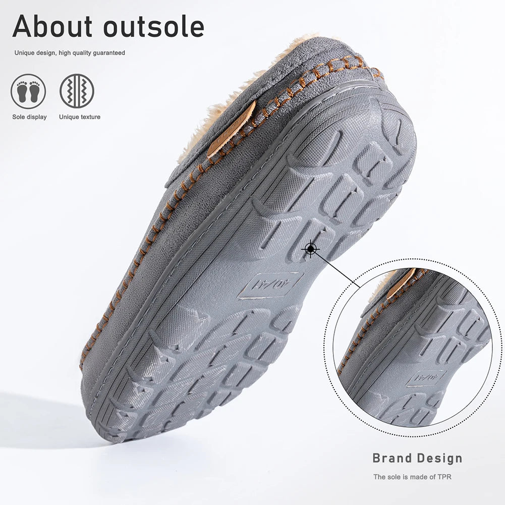 Pmoiste Soft Faux Suede House Slippers Men Comfortable Warm Cushion Designer Mark Line Living Room Shoes Slip-on Winter Indoor