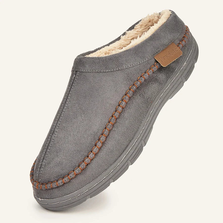 Pmoiste Soft Faux Suede House Slippers Men Comfortable Warm Cushion Designer Mark Line Living Room Shoes Slip-on Winter Indoor