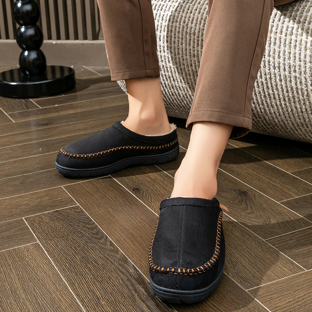 Pmoiste Soft Faux Suede House Slippers Men Comfortable Warm Cushion Designer Mark Line Living Room Shoes Slip-on Winter Indoor