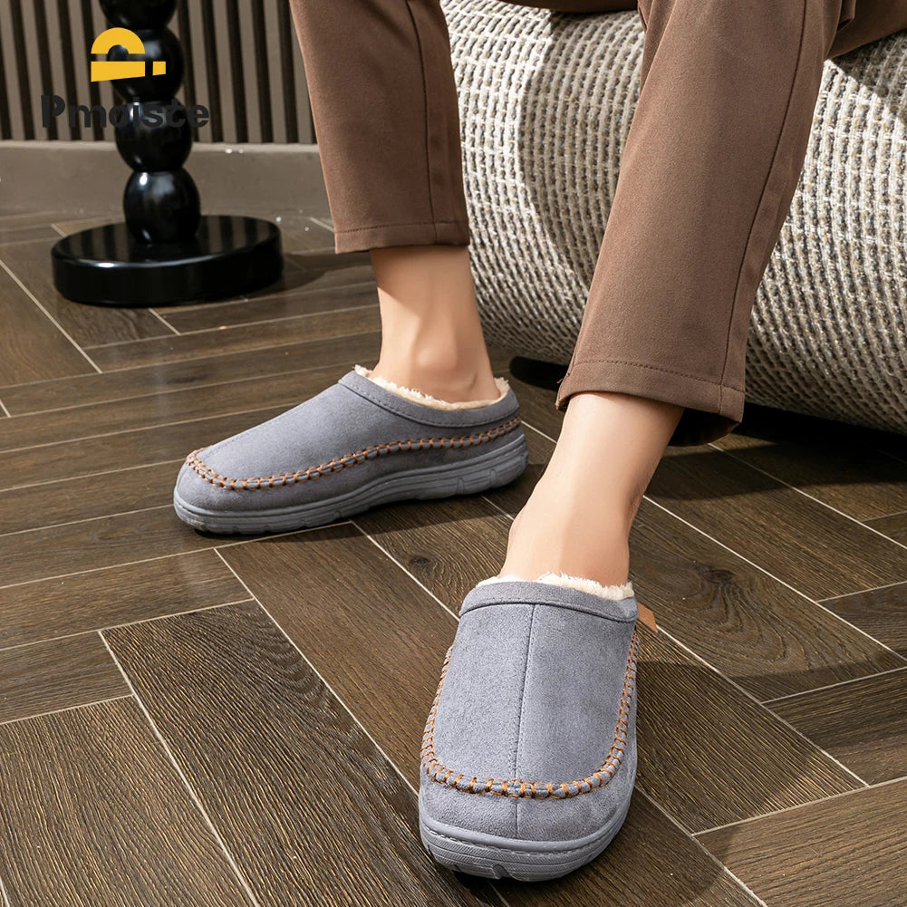 Pmoiste Soft Faux Suede House Slippers Men Comfortable Warm Cushion Designer Mark Line Living Room Shoes Slip-on Winter Indoor