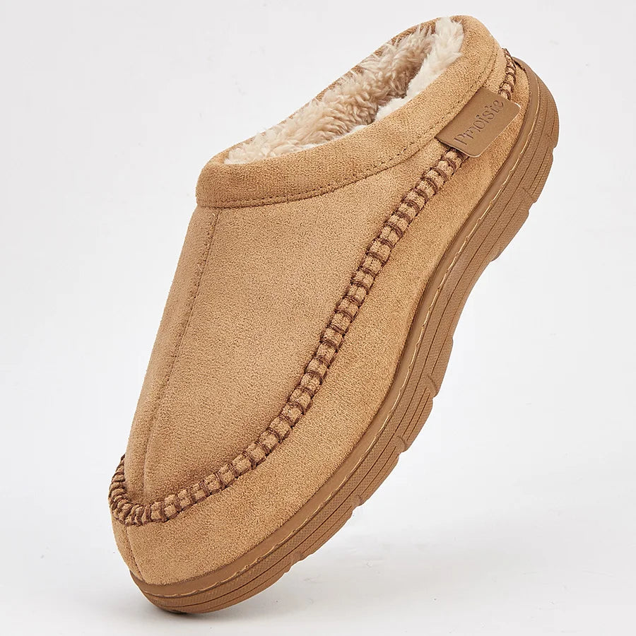 Pmoiste Soft Faux Suede House Slippers Men Comfortable Warm Cushion Designer Mark Line Living Room Shoes Slip-on Winter Indoor