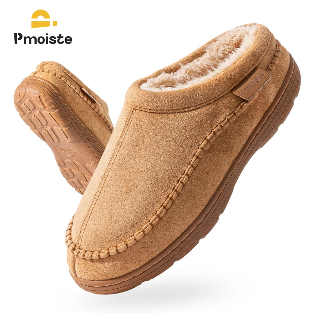 Pmoiste Soft Faux Suede House Slippers Men Comfortable Warm Cushion Designer Mark Line Living Room Shoes Slip-on Winter Indoor